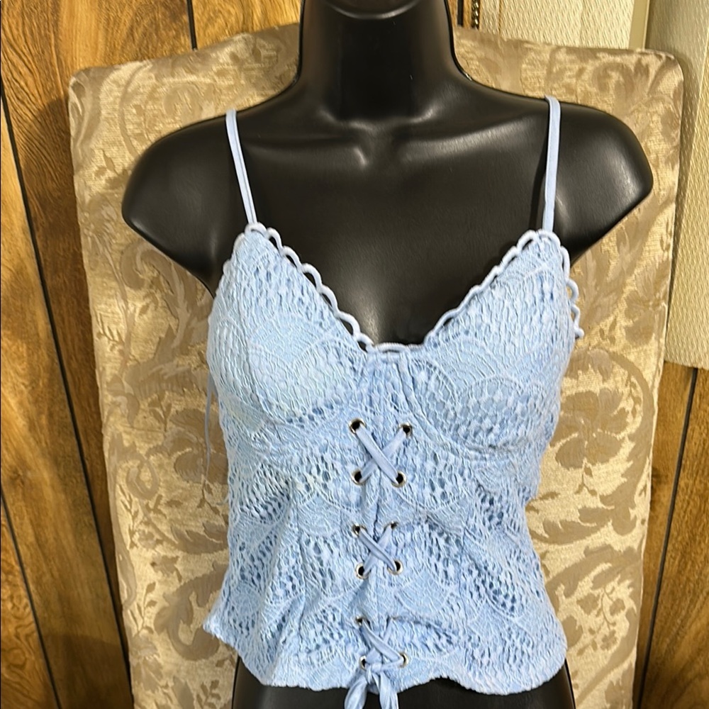 Lily Star Blue Cropped Tie Front Camisole